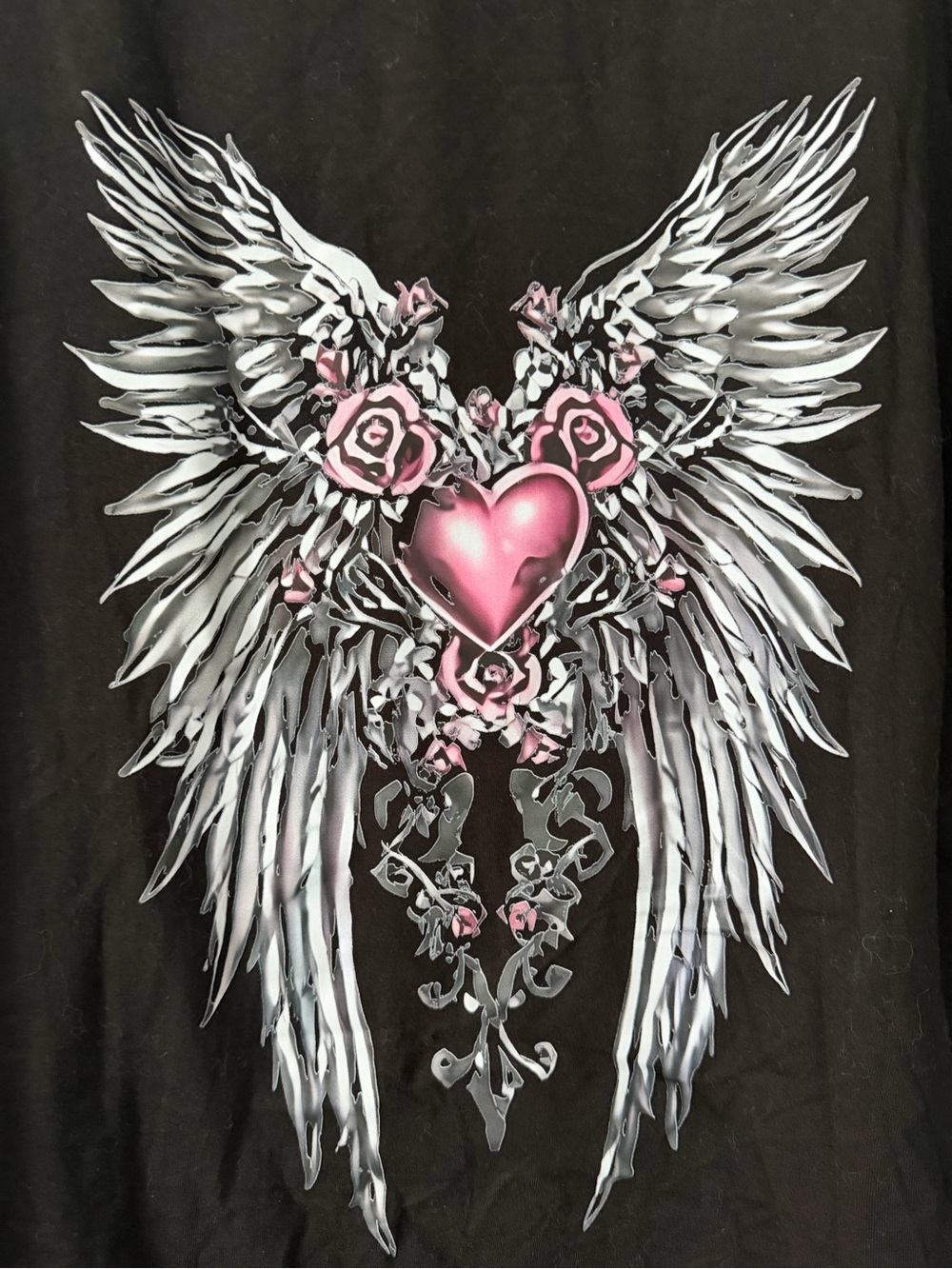 Halo Angel Wing Black Short-Sleeve Tee with White Wing and Pink Rose, NWOT